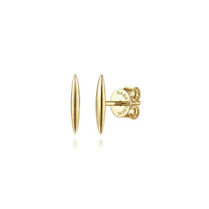 Gabriel & Co. EG14125Y4JJJ 14 karat yellow gold Contemporary earrings, front view of the pair showing the pointed spindle bars and the back plate with its post