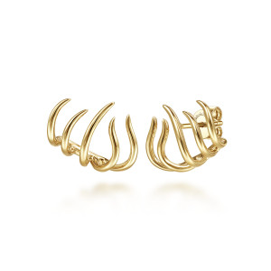 Gabriel & Co. EG14129Y4JJJ 14 karat yellow gold Kaslique earrings, front view of the pair showing fanned claw shaped wires, with a post and push back on one