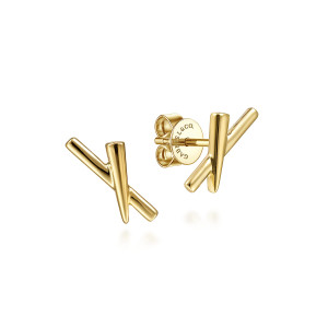 Gabriel & Co. EG14131Y4JJJ 14 karat yellow gold Contemporary earrings, front view of the pair, mirrored X shapes with a tapered bar crossing a rounded one