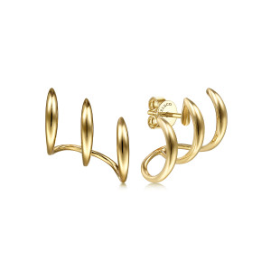 Gabriel & Co. EG14135Y4JJJ 14 karat yellow gold Contemporary earrings, front view of the pair, three tapering curves joined by a thin wire along the base