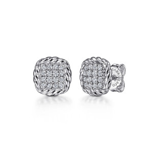 Gabriel & Co. EG14151SVJWS sterling silver Hampton earrings, front view of the pair showing the grid of colorless stones inside the twisted frame