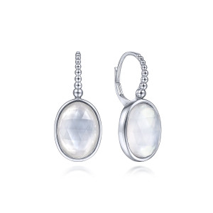 Gabriel & Co. EG14155SVJXM sterling silver Bujukan earrings, front view of the pair, milky oval stones under wires with graduated metal beads