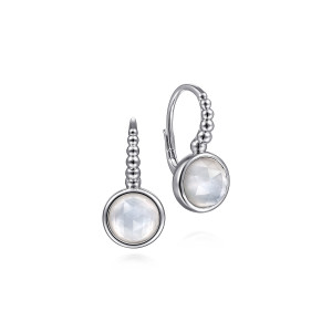 Gabriel & Co. EG14156SVJXM sterling silver Bujukan earrings, front view of the pair with pale stones, one turned to show the bead run and lever back