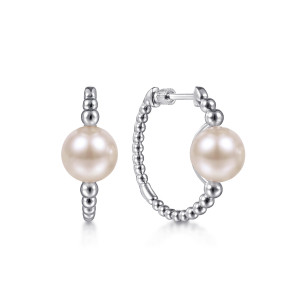 Gabriel & Co. EG14163SVJPL sterling silver Bujukan earrings, front view of the pair, one pearl framed by larger metal beads on a beaded loop