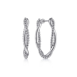 Gabriel & Co. EG14167SVJJJ sterling silver Bujukan earrings, front view of the pair, a smooth band crossing a bead strand, ridged cap on the post