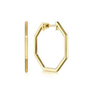 Gabriel & Co. EG14174Y4JJJ 14 karat yellow gold Contemporary earrings, front view of the pair, one hoop edge on and one showing the straight sided outline