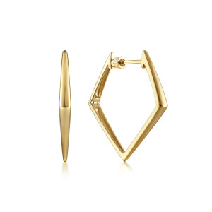 Gabriel & Co. EG14175Y4JJJ 14 karat yellow gold Contemporary earrings, front view of the pair, one on edge with a tapered ridge, one face on with its hinge