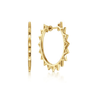 Gabriel & Co. EG14198Y4JJJ 14 karat yellow gold Contemporary earrings, front view of a pair, one hoop edge on showing stacked facets and one angled with pointed triangles