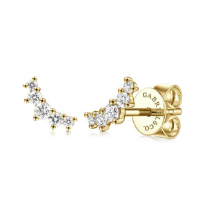 Gabriel & Co. EG14210Y45JJ 14 karat yellow gold Lusso earrings, front view of two curved climbers with prong set stones, one turned to show its push back