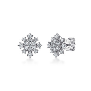 Gabriel & Co. EG14211W45JJ 14 karat white gold Lusso earrings, front view of the pair showing the diamond burst face and the post on the right earring