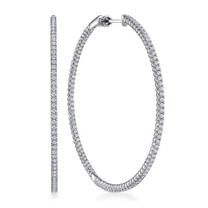 Gabriel & Co. EG14218W45JJ 14 karat white gold Lusso earrings, front view of two oval hoops, one edge on and one turned to show ridged prongs between stones