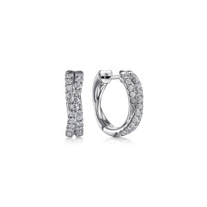 Gabriel & Co. EG14223W45JJ 14 karat white gold Lusso earrings, front view of the pair, one huggie showing the crossover and one angled toward the hinge
