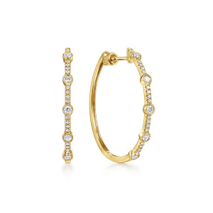 Gabriel & Co. EG14253Y45JJ 14 karat yellow gold Lusso earrings, front view of the pair with beaded bezel stones between pave links and a screw back at the top