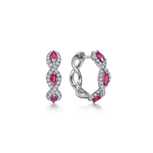 Gabriel & Co. EG14264W45RA 14 karat white gold Color earrings, front view of two huggies with red marquise stones inside twisting diamond edged loops