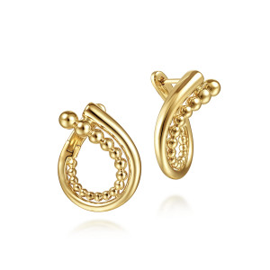 Gabriel & Co. EG14335Y4JJJ 14 karat yellow gold Bujukan earrings, angled view of the pair, showing the looped band, the inner bead strand and the post