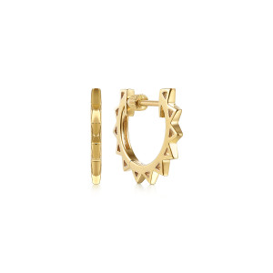Gabriel & Co. EG14344Y4JJJ 14 karat yellow gold Contemporary earrings, front view of the pair, one huggie edge on showing faceted points, one face on with its post