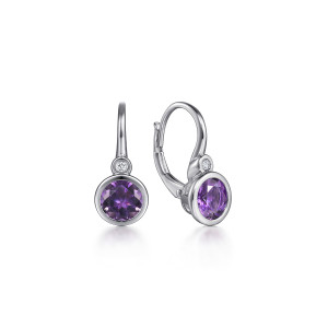 Gabriel & Co. EG14366SV5AM sterling silver Color earrings, front view of the pair with the purple bezel stone, diamond link and lever wire