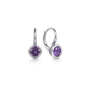 Gabriel & Co. EG14367SVJAM sterling silver Color earrings, front view of the pair, one turned to show the lever back and the bezel set stone