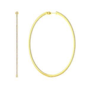 Gabriel & Co. EG14381Y45JJ 14 karat yellow gold Lusso earrings, front view of the pair, one hoop edge on and one open with a row of stones