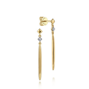 Gabriel & Co. EG14409Y45JJ 14 karat yellow gold Contemporary earrings, front view of two drops, one turned to show the post and push back on the kite top