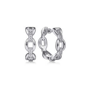 Gabriel & Co. EG14427SVJJJ sterling silver Bujukan earrings, front view of both hoops, glossy open oval links alternating with bead textured bars