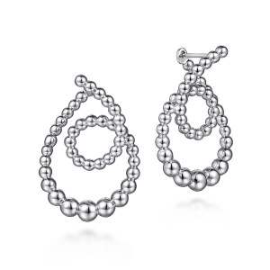 Gabriel & Co. EG14435SVJJJ sterling silver Bujukan earrings, front view of the pair, teardrop spirals of metal beads that swell in size toward the base