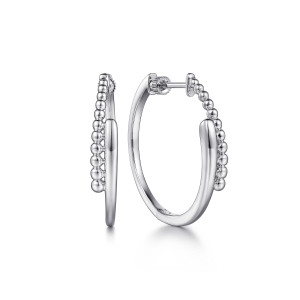 Gabriel & Co. EG14438SVJJJ sterling silver Bujukan earrings, front view of the pair, one hoop edge on showing beads, one face on with its post