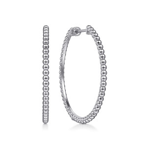 Gabriel & Co. EG14444SVJJJ sterling silver Bujukan earrings, front view of two beaded hoops, one edge on as a single column of polished metal beads