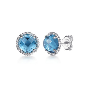 Gabriel & Co. EG14449SVJBT sterling silver Bujukan earrings, front view of the pair, one turned to show the post and push back behind the beaded rim