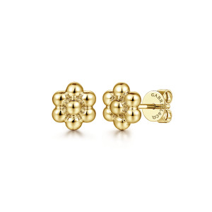 Gabriel & Co. EG14457Y4JJJ 14 karat yellow gold Bujukan earrings, angled view of the pair showing the ring of beads, the post and the maker's mark disc