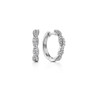 Gabriel & Co. EG14508W45JJ 14 karat white gold Lusso earrings, front view of the pair showing the twisted diamond band and the smooth polished inside of the huggie