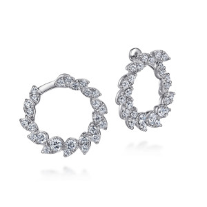 Gabriel & Co. EG14514W45JJ 14 karat white gold Lusso earrings, angled view of a pair, one circle facing forward and one turned to show the post