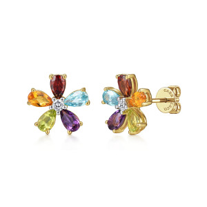 Gabriel & Co. EG14602Y45MC 14 karat yellow gold Color earrings, front view of the pair, one flower face on and one turned to show the post