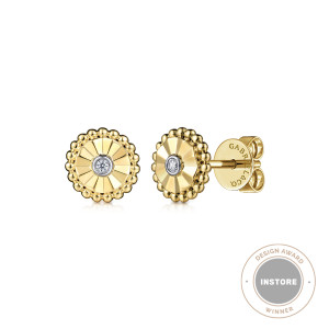 Gabriel & Co. EG14604M45JJ 14 karat white and yellow gold Bujukan earrings, front view of the pair, one stud face on, one angled to show the post and push back