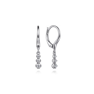 Gabriel & Co. EG14611W45JJ 14 karat white gold Lusso earrings, front view of the pair showing the graduated diamond trio and the lever back on one earring