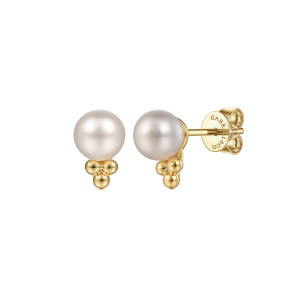Gabriel & Co. EG14616Y4JPL 14 karat yellow gold Bujukan earrings, front view of the pair, one facing forward and one turned to show the post and push back