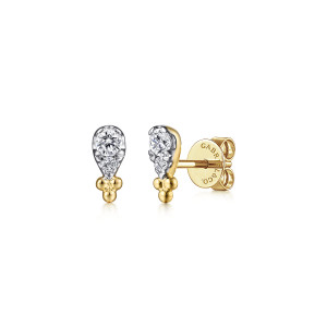 Gabriel & Co. EG14617Y45JJ 14 karat yellow gold Bujukan earrings, angled view of the pair, one showing the post and push back behind the diamond teardrop