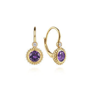 Gabriel & Co. EG14618Y45AM 14 karat yellow gold Bujukan earrings, front view of one drop face on and one turned to show the lever back and diamond