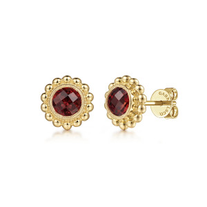 Gabriel & Co. EG14619Y4JGN 14 karat yellow gold Bujukan earrings, front view of a pair, the red stones ringed by beads, one turned to show the post