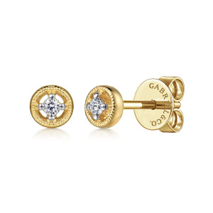 Gabriel & Co. EG14620Y45JJ 14 karat yellow gold Contemporary earrings, front view of the pair, the grained rim around one diamond held by four prongs