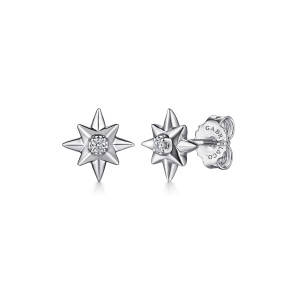 Gabriel & Co. EG14631SV5JJ sterling silver Kaslique earrings, front view of the pair showing the pointed rays, the single center diamond and the push back