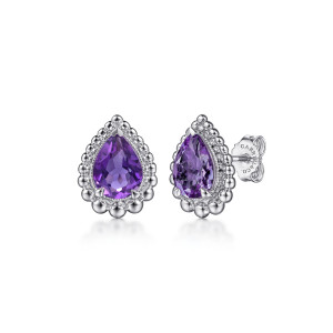 Gabriel & Co. EG14642SVJAM sterling silver Bujukan earrings, front view of the pair, each purple stone ringed by metal beads with prongs at its point