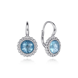 Gabriel & Co. EG14645SVJBT sterling silver Bujukan earrings, front view of the pair with round blue stones inside beaded rims and lever backs