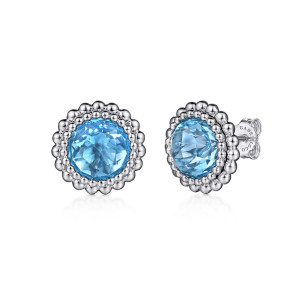 Gabriel & Co. EG14646SVJBT sterling silver Bujukan earrings, front view of the pair showing the blue domed stone inside two rings of polished metal beads