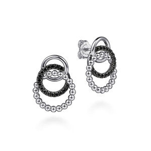 Gabriel & Co. EG14654SVJBS sterling silver Bujukan earrings, front view of the pair showing the smooth ring, the black stone ring and the bead ring
