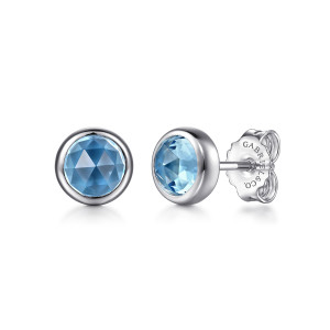 Gabriel & Co. EG14669SVJBT sterling silver Color earrings, front view of the pair, one blue stone face on and one turned to show the post