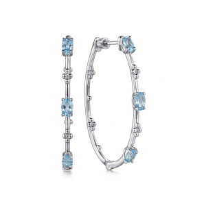 Gabriel & Co. EG14701SVJBT sterling silver Bujukan earrings, front view of the pair with blue oval stones and metal bead clusters along each bar