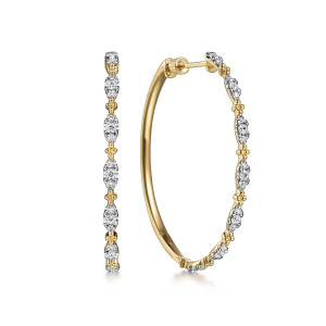 Gabriel & Co. EG14721Y45JJ 14 karat yellow gold Bujukan earrings, front view of the pair, one hoop edge on showing frames alternating with bead clusters
