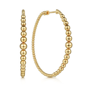 Gabriel & Co. EG14745Y4JJJ 14 karat yellow gold Bujukan earrings, front view of the pair, one hoop edge on, beads growing fuller toward the center