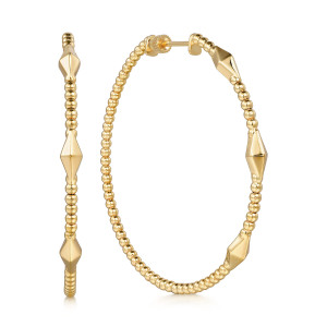 Gabriel & Co. EG14746Y4JJJ 14 karat yellow gold Bujukan earrings, front view of the pair, beaded hoops with faceted kite shaped metal stations